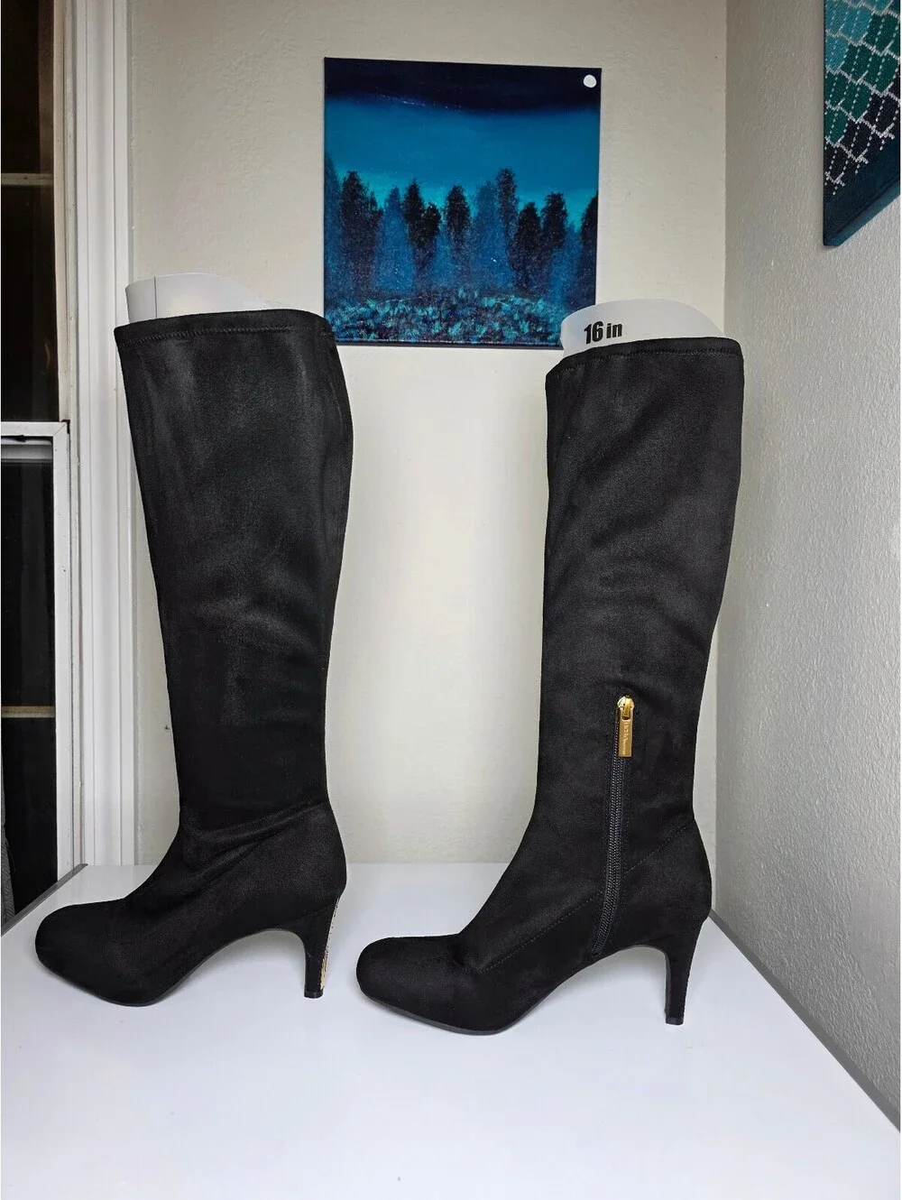 BCBGeneration Black Suede Gold Zipper Gold Kitten Heel Knee High Boots Size 6.5M
